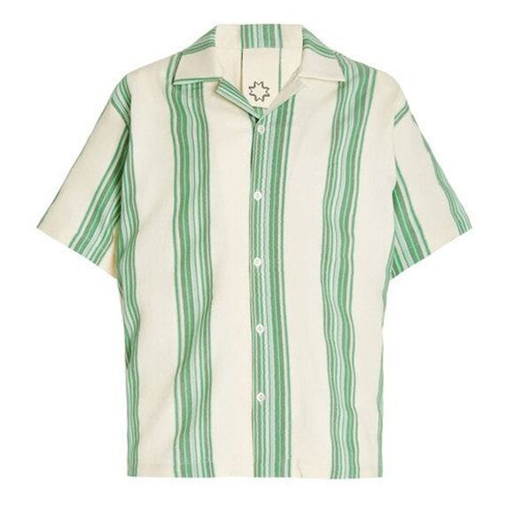 MARRAKSHI LIFE Oversized Striped Cotton Camp-Collar Shirt Green - XS - Picture 1 of 5